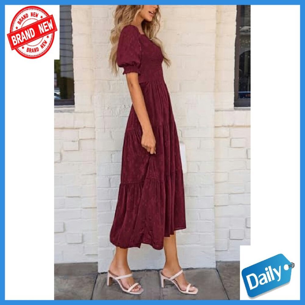 Square Neck Midi Dress with Pockets, Smocked Bodice, Ruffle Sleeves - Picture 7 of 8